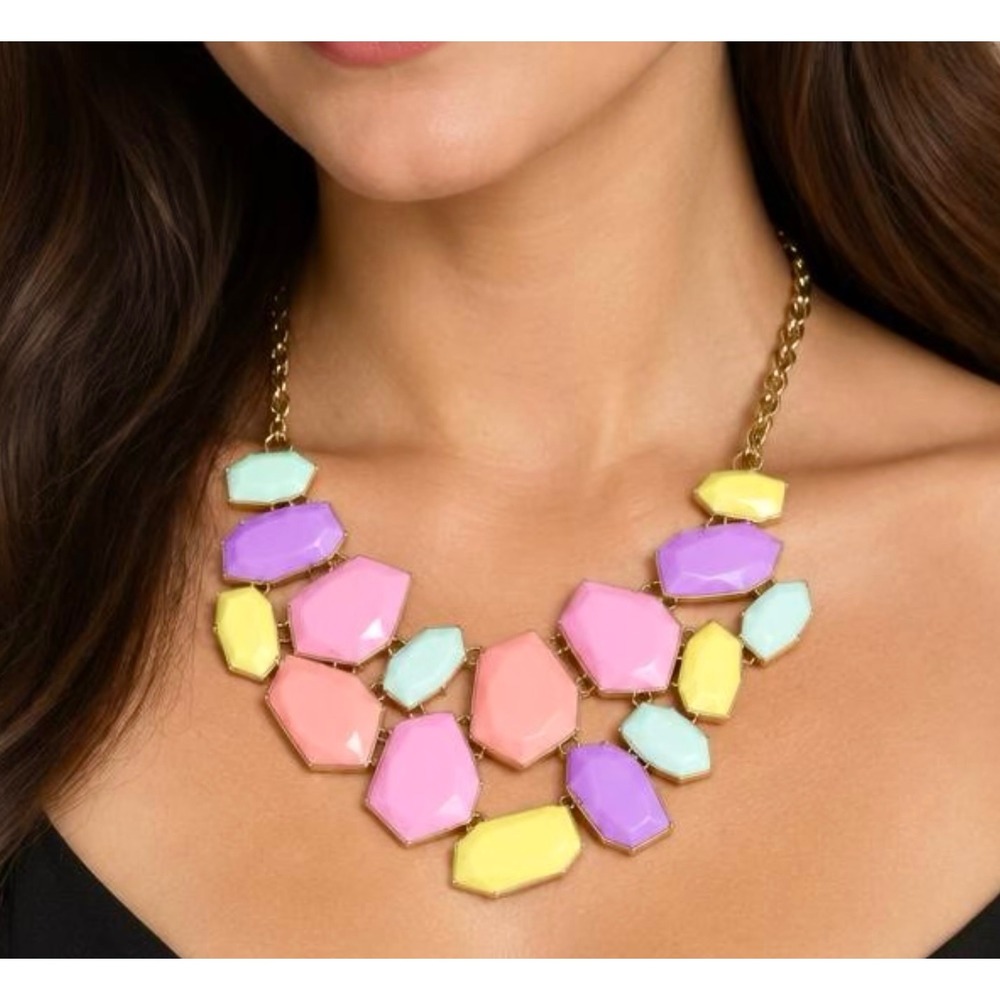 Mark by Avon Pastel Geometric Bib Necklace Gold Tone Multi Color Statement
